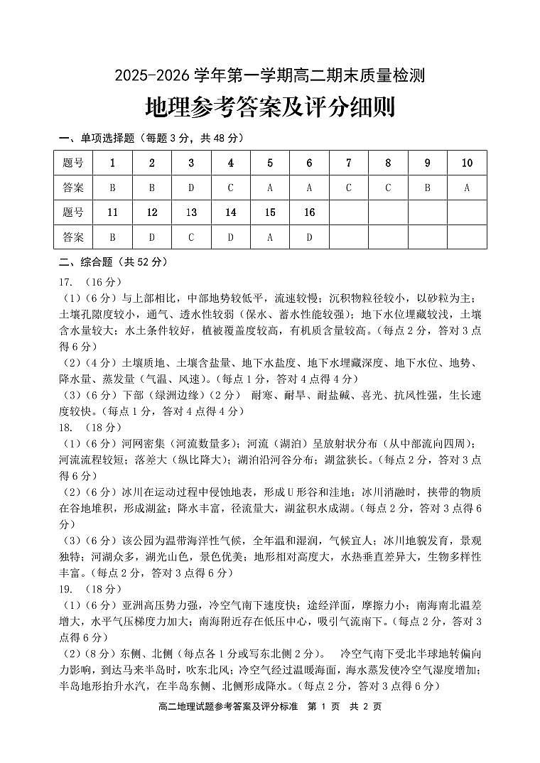 【地理试卷答案】-福建省宁德市2025-2026学年度第一学期期末高二质量检测(2.2-2.4)第1页