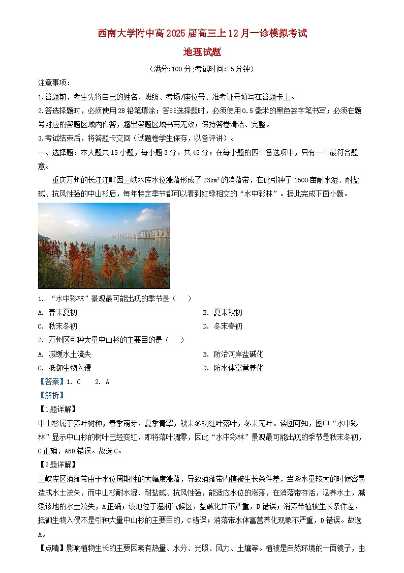 重庆市2024_2025学年高三地理上学期12月一诊模拟试题含解析第1页