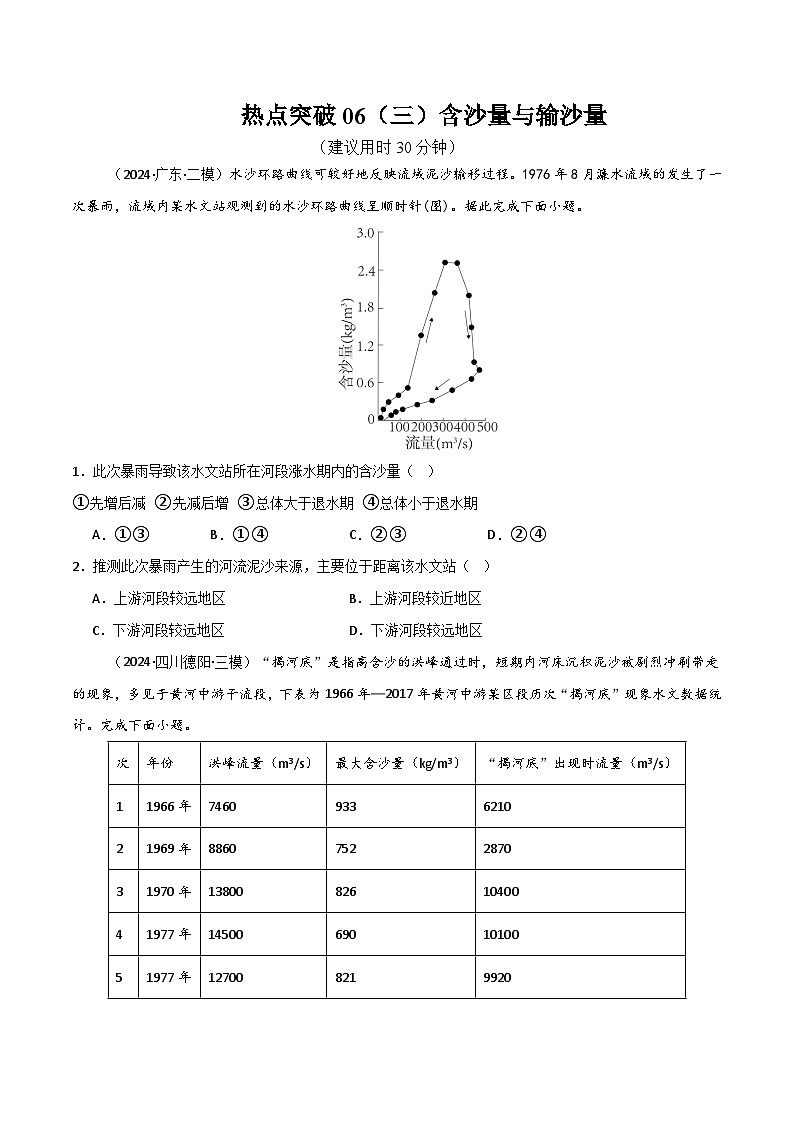 热点突破06（三）含沙量与输沙量-高考地理一轮复习考点通关卷（新高考通用）（原卷版）第1页