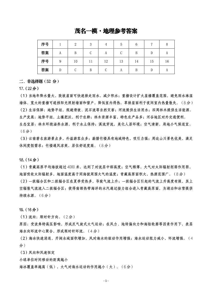 2026届广东省茂名市高州市高三上学期一模地理参考答案第1页