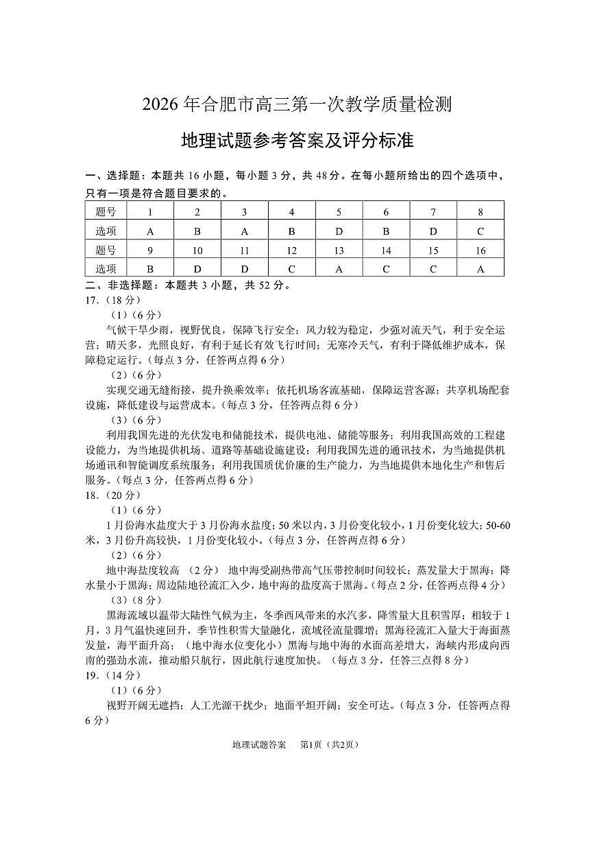 安徽省2026年合肥市高三第一次教学质量检测地理答案第1页