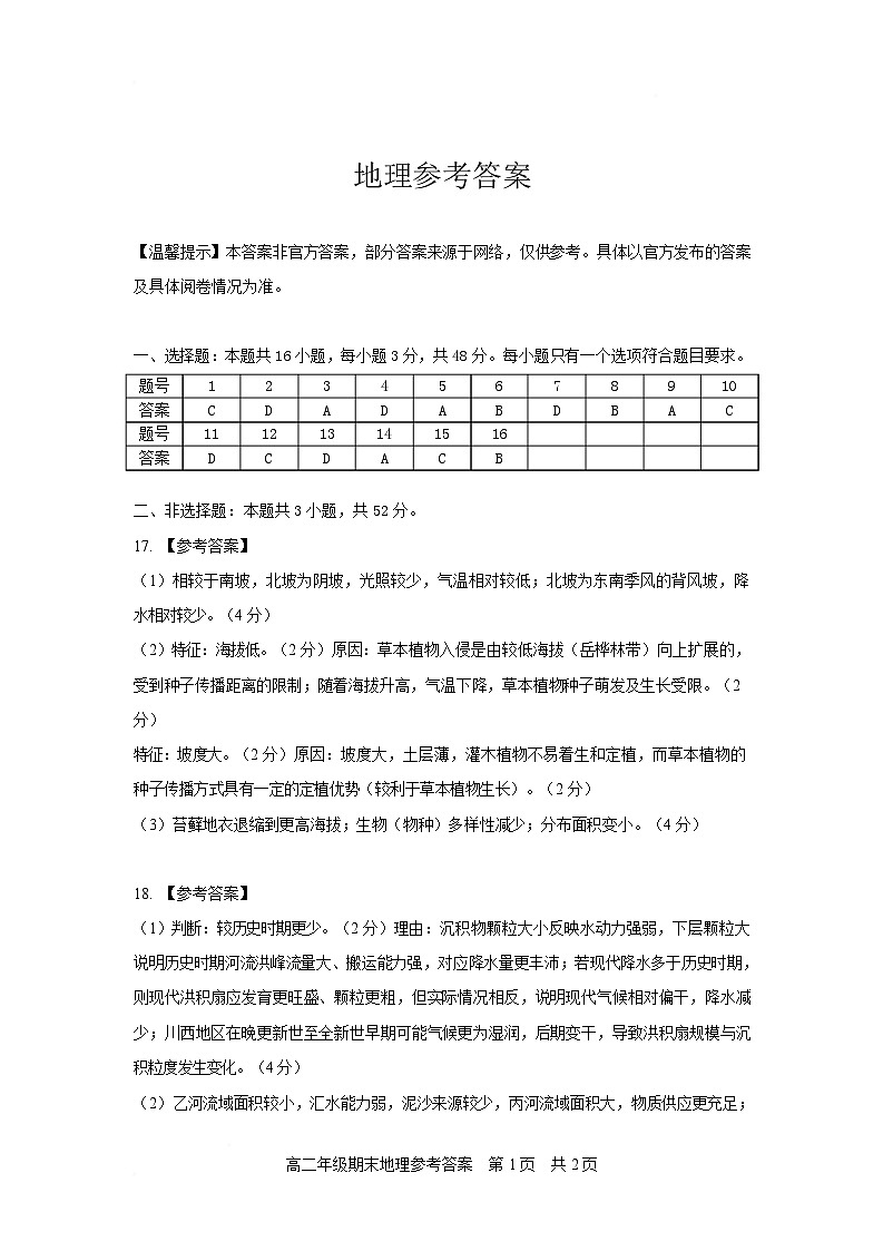 四川省自贡市2025-2026学年高二上学期1月期末地理答案第1页