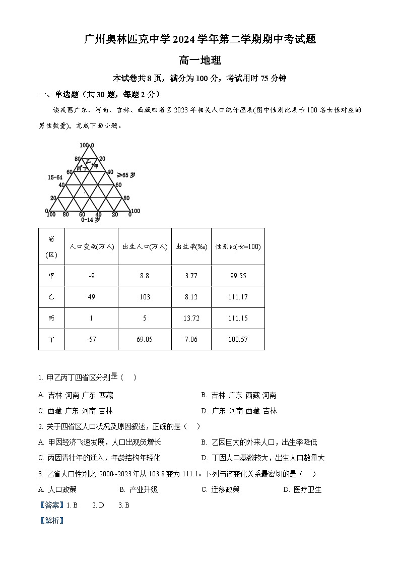 广东省广州奥林匹克中学高一下学期期中考试地理试题（解析版）-A4第1页