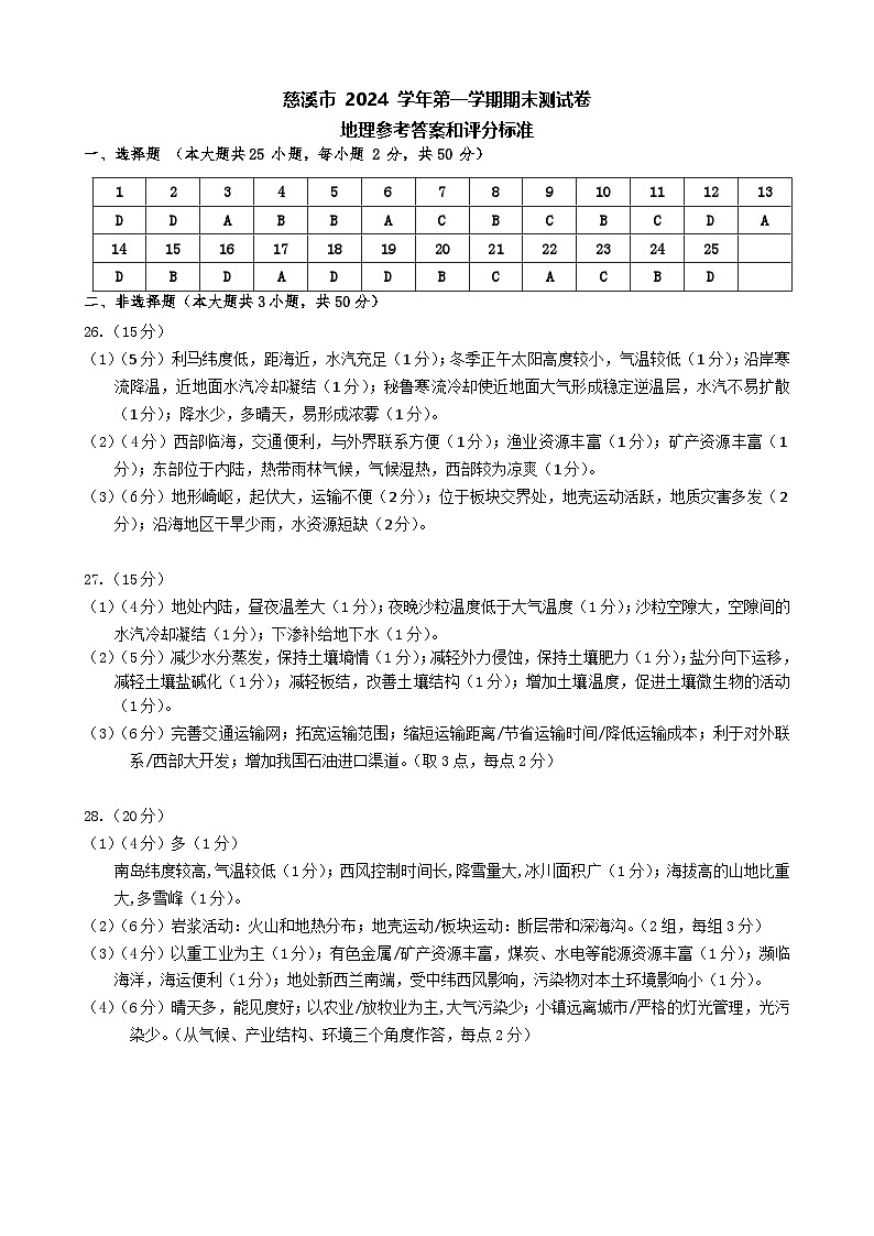 慈溪2024学年第一学期高二期末地理答案第1页