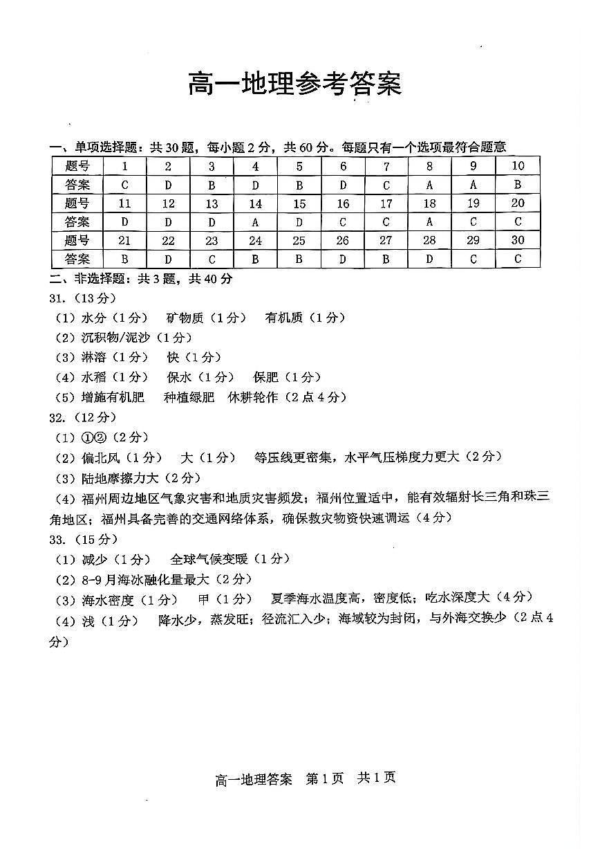 江苏省苏州市2025-2026学年度高一上学期期末考试地理试卷答案第1页