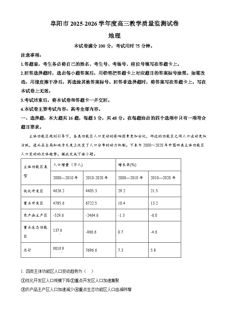 安徽省阜阳市2025-2026学年度高三教学质量监测试卷地理（原卷版）第1页