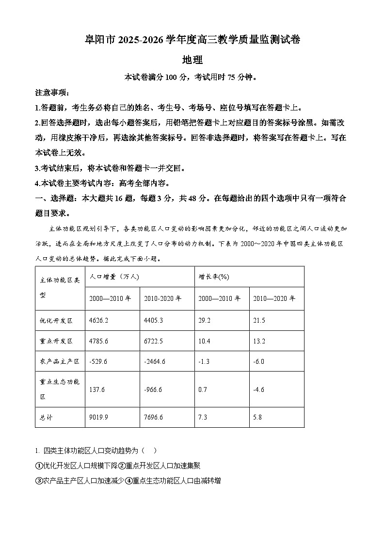 安徽省阜阳市2025-2026学年度高三教学质量监测试卷地理（解析版）第1页