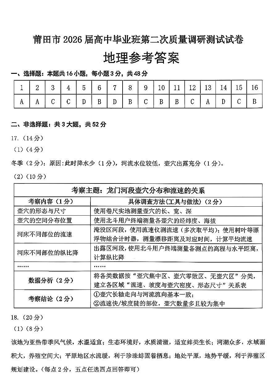 地理答案-福建省莆田市2026届高中毕业班第二次质量调研测试试卷(莆田二检)第1页