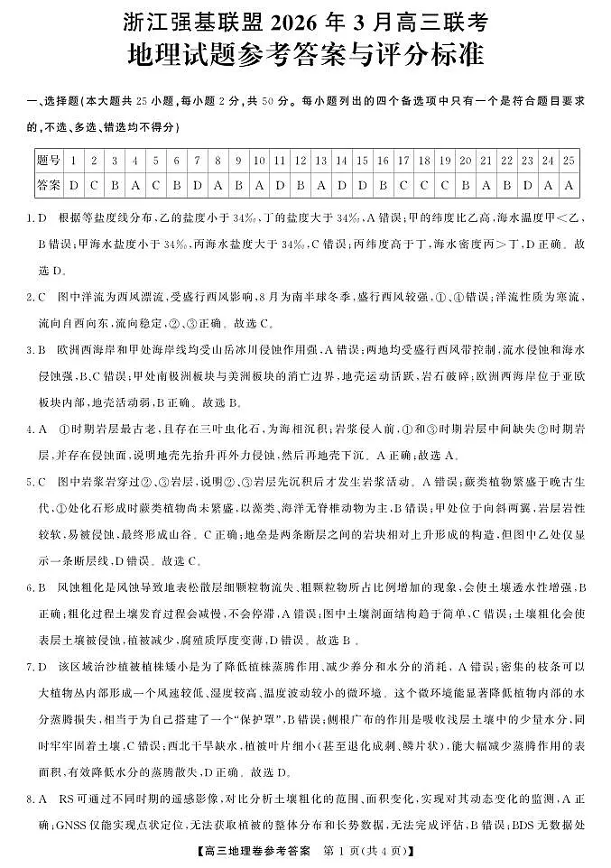 2025-2026学年浙江省强基联盟高三下学期开学联考地理试题答案第1页