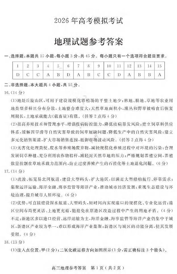 济宁市2026届高三年级一模考试 地理答案第1页