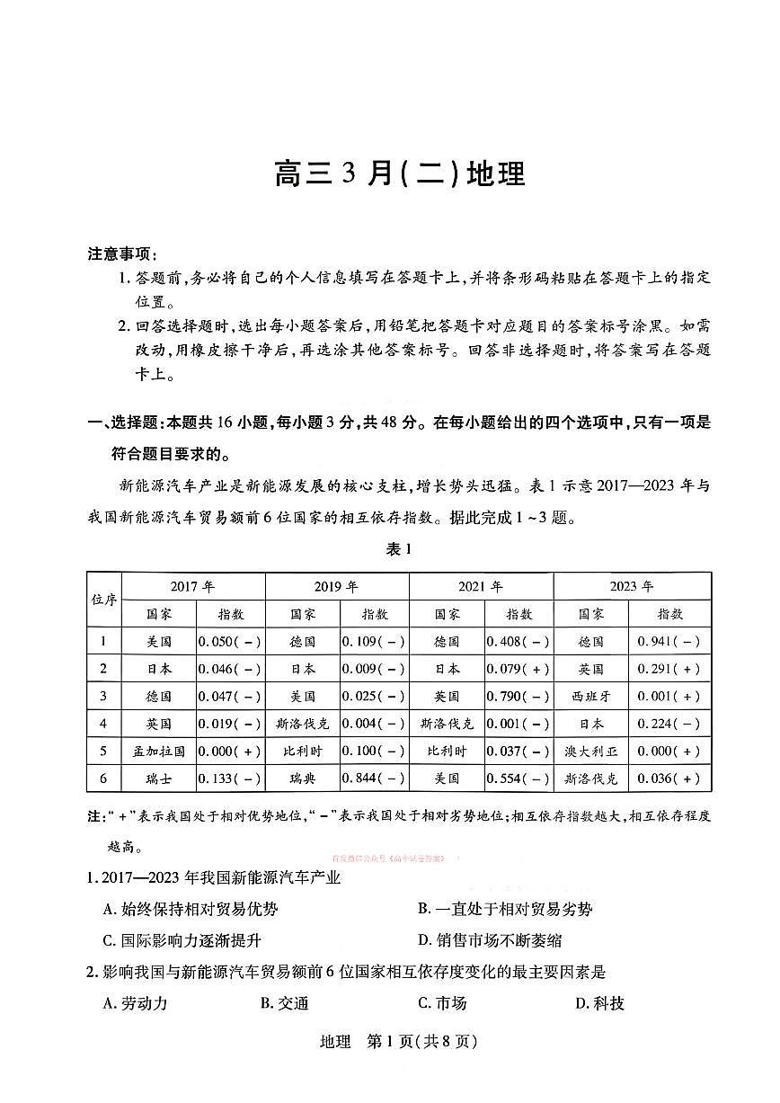 2026年合肥八中高三下学期3月地理试题及答案第1页