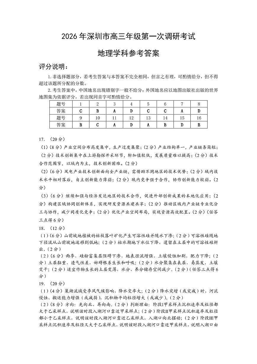 2026年深圳市高三年级第一次调研考试地理参考答案第1页