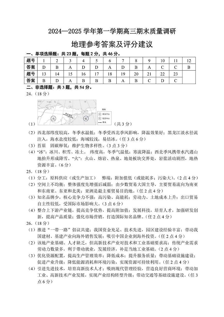 【地理答案】常州2025届高三期末考试.第1页