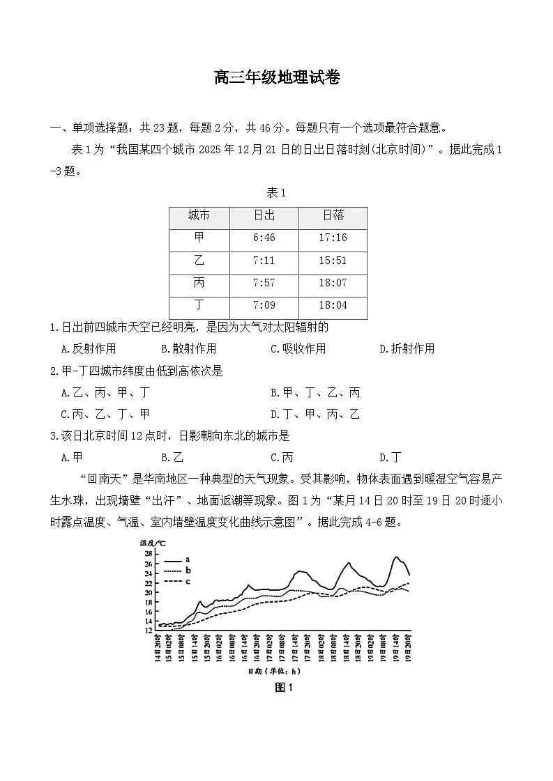 2026届江苏南通市通州区高三下学期高考模拟预测地理试题（含答案）第1页