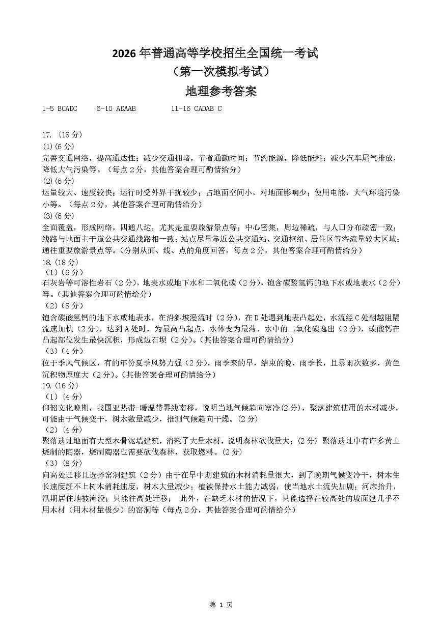 高三第一次模拟考试地理参考答案第1页