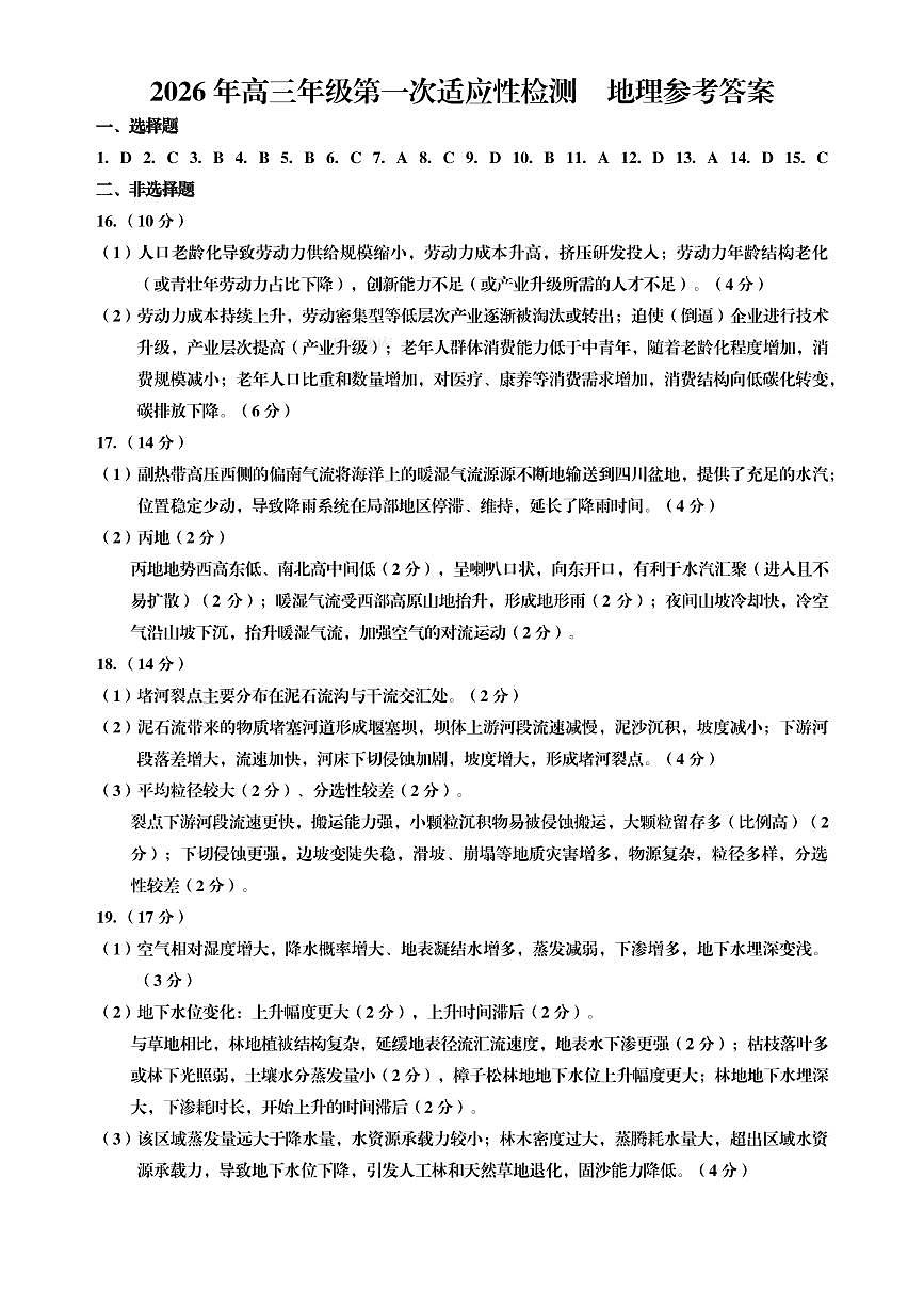 青岛一模地理试题参考答案第1页