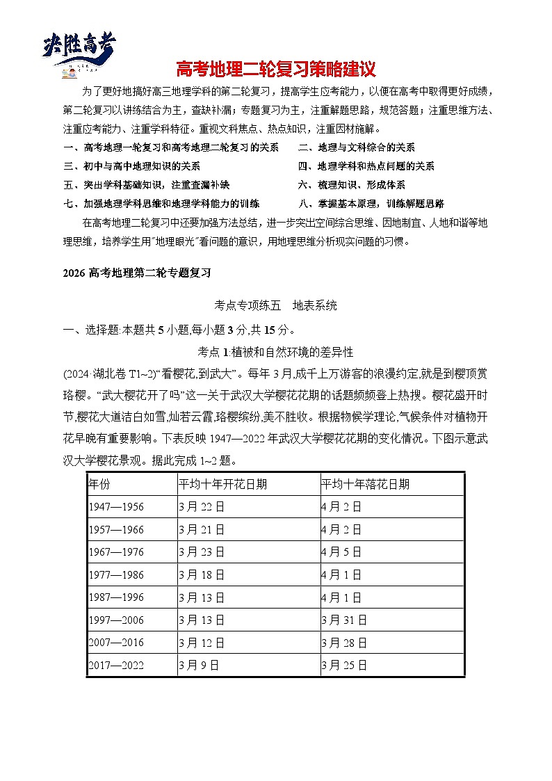 考点专项练5　地表系统--2026高考地理第二轮专题复习练（含解析）第1页