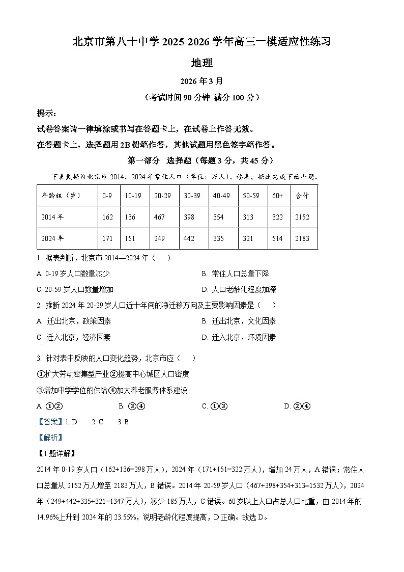 北京市第八十中学2026届高三下学期开学地理试题 Word版含解析第1页
