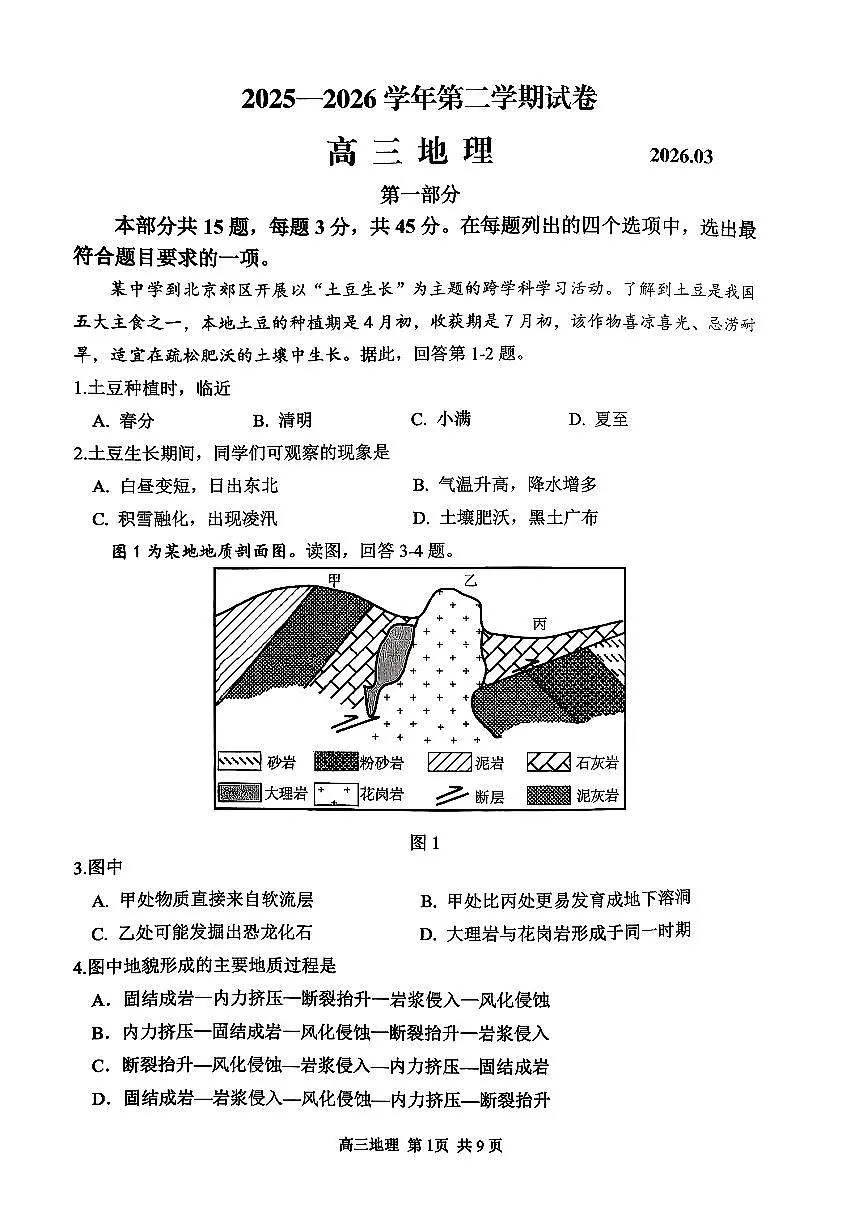2026北京延庆高三一模地理试卷 无答案第1页