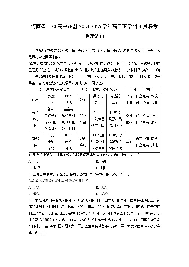 2024-2025学年河南省H20高中联盟高三下学期4月联考地理试卷（学生版）第1页