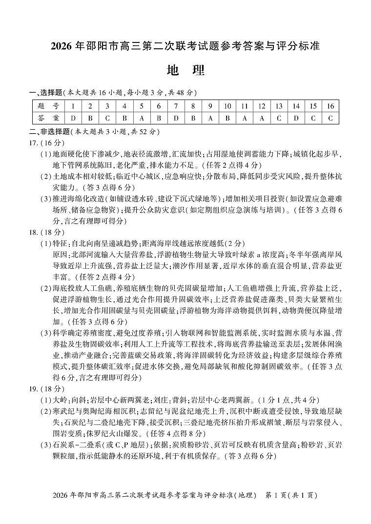 2026年邵阳市高三第二次联考试题地理答案第1页