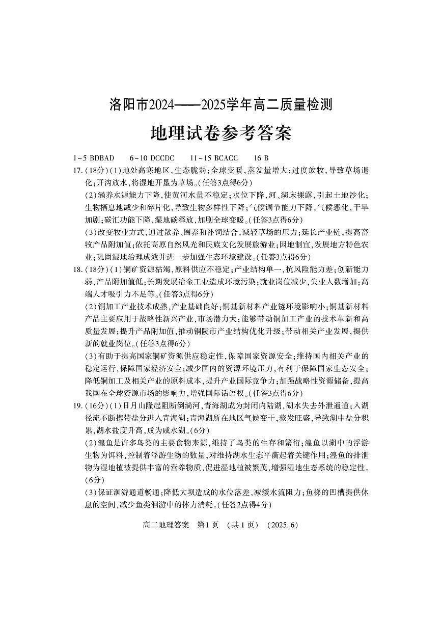 洛阳2024-2025学年6月高二质量检测-地理答案第1页
