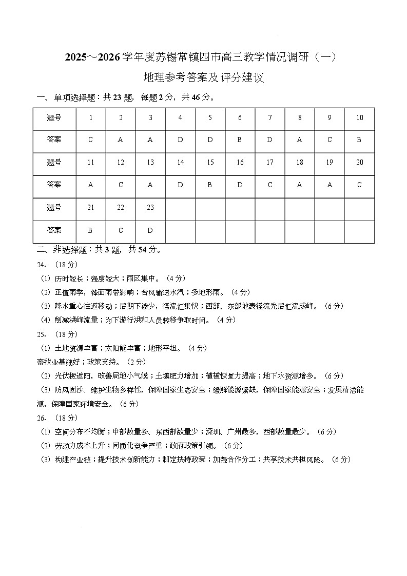 【答案】江苏苏锡常镇四市2025~2026学年高三下学期教学情况调研(一)地理试题第1页