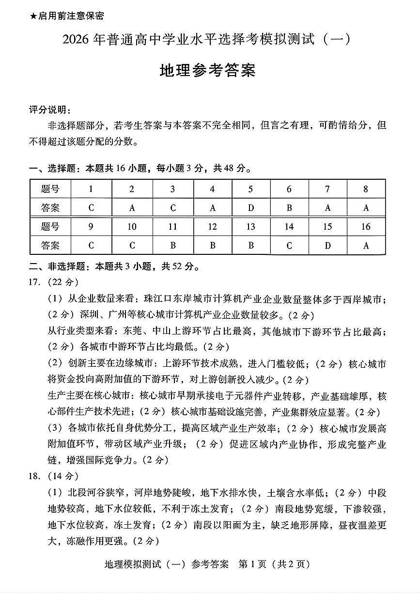 2026年普通高等学校招生全国统一考试模拟测试（一）地理答案第1页