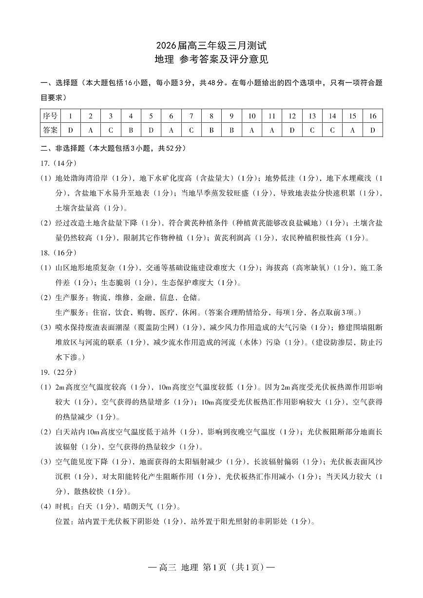 南昌市2025-2026学年高三下学期一模测试 地理答案第1页