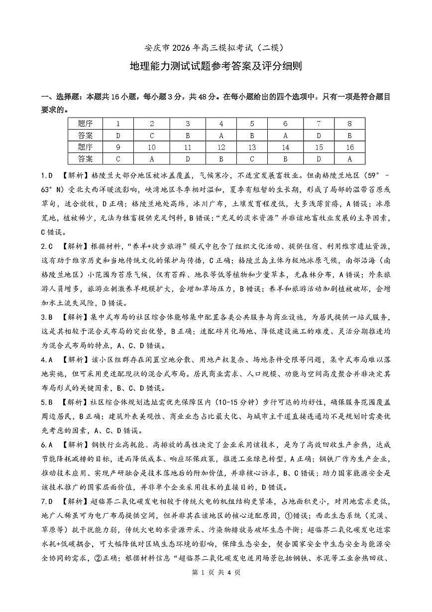 2026届高三安庆二模地理试题及答案 2026（二模）地理试题参考答案第1页