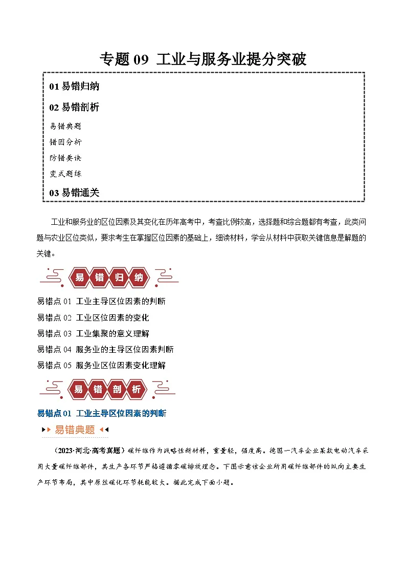 高考地理第一轮复习专题09 工业与服务业易错突破（5大易错）-备战2024年高考地理考试易错题（全国通用） （原卷版）第1页