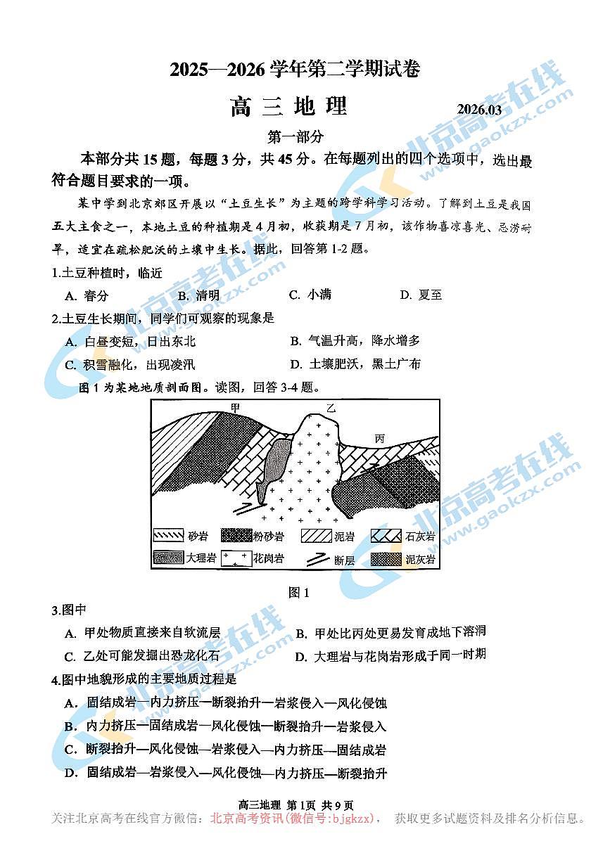 北京市延庆区2025-2026学年高三下学期高考一模地理试卷及答案第1页