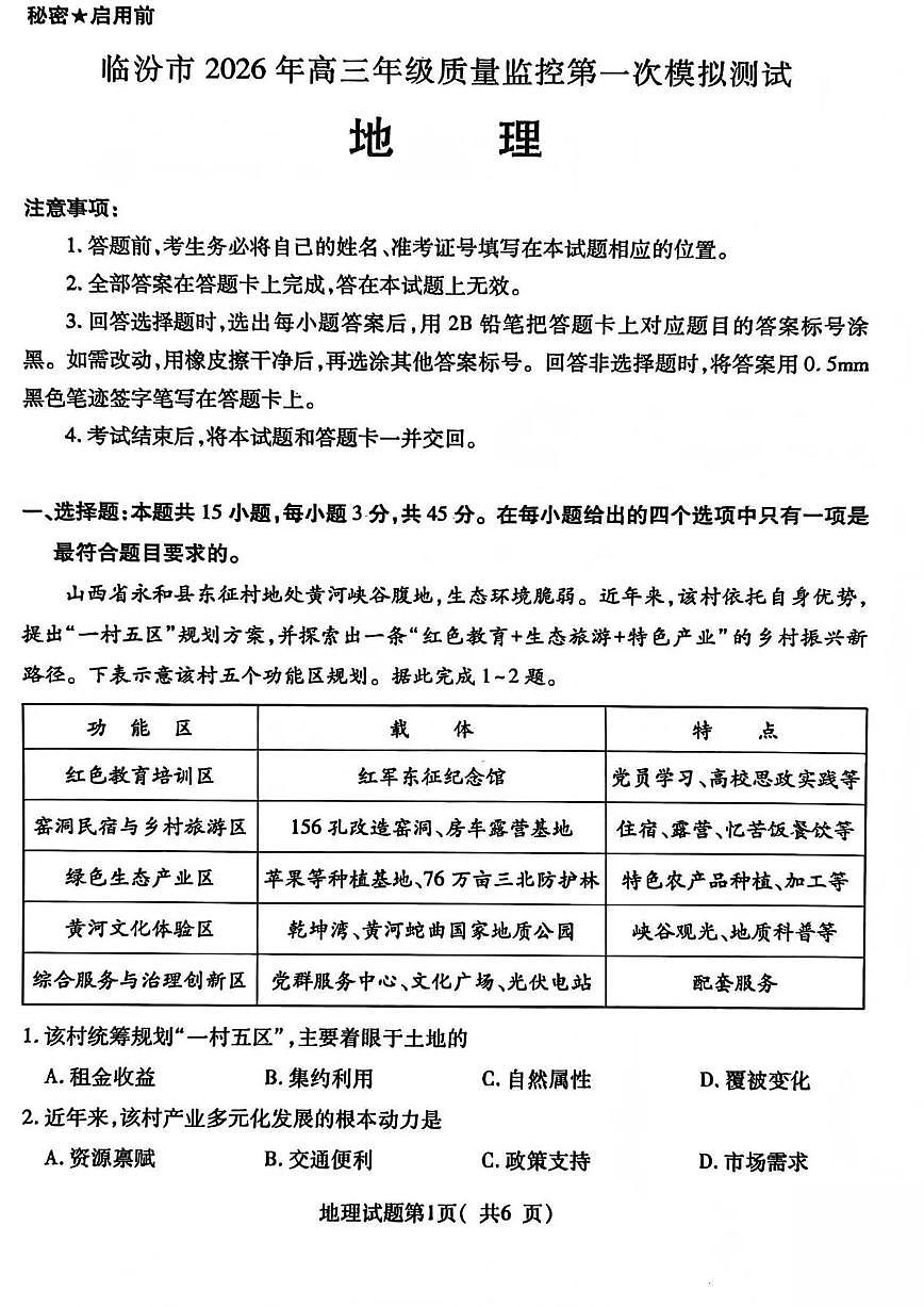 临汾市2026年高三年级质量监控第一次模拟测试 地理第1页