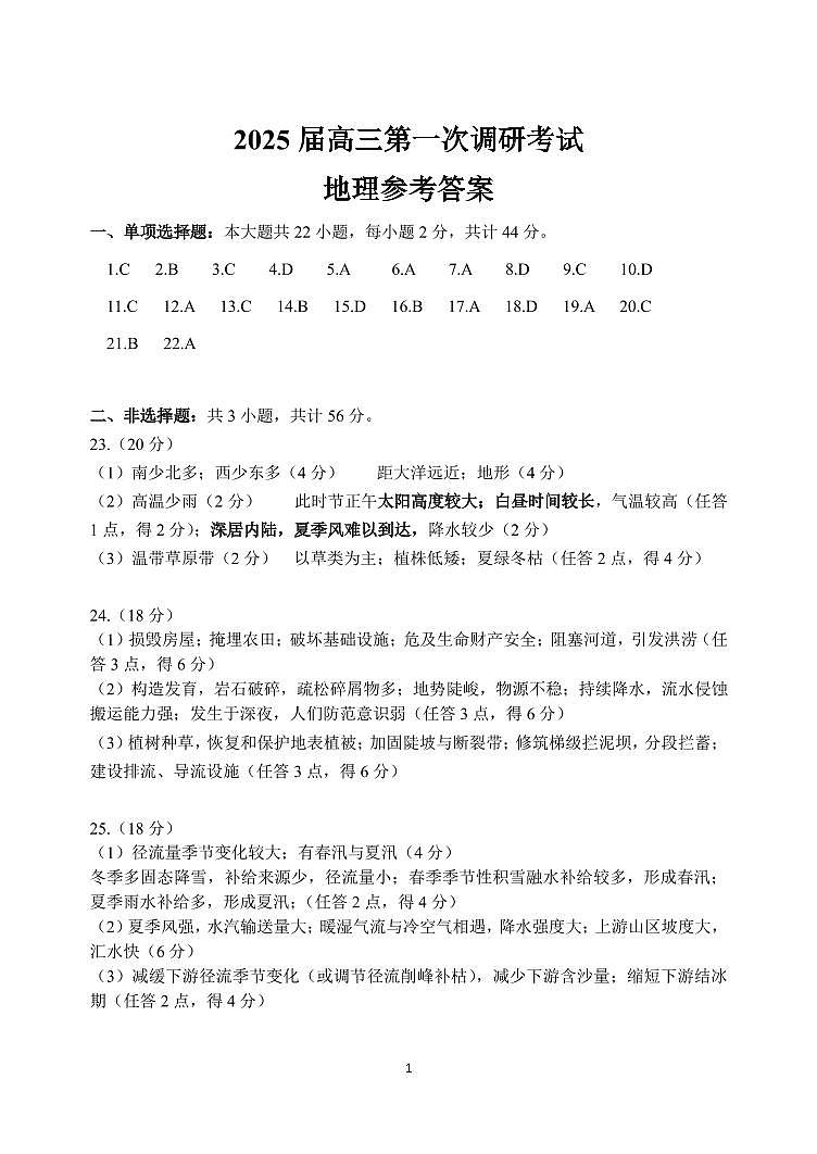 南通海门中学2025届高三上学期第一次调研考试地理试题答案第1页