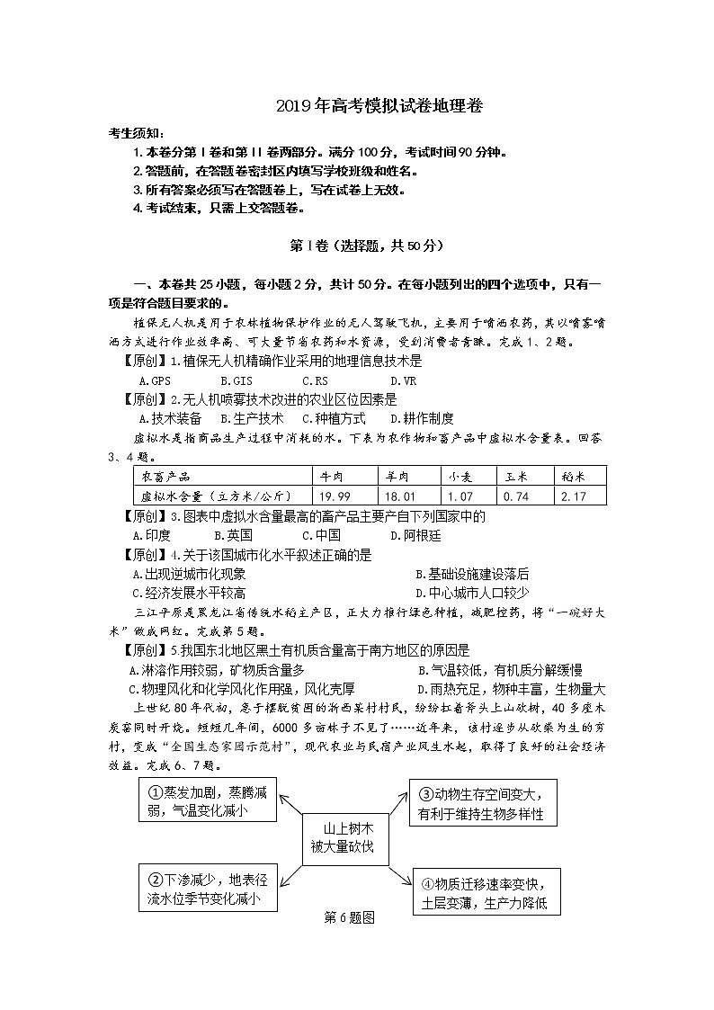 2019届浙江省杭州市高考命题比赛模拟（一）地理试卷（解析版）01