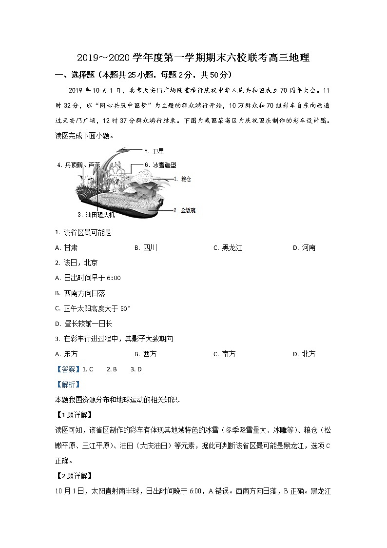 天津市天津外大附校等六校2020届高三上学期期末考试联考地理试题01