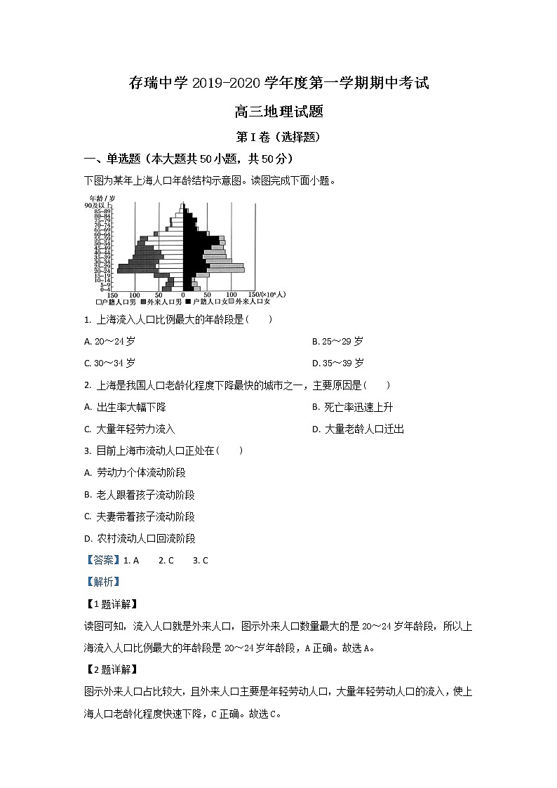 河北省承德市隆化县存瑞中学2020届高三上学期期中考试地理试题01