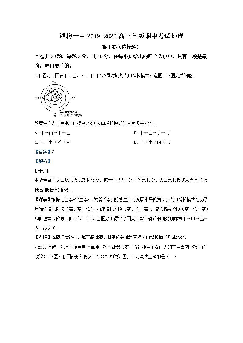 山东省潍坊市第一中学2020届高三上学期期中考试地理试题01
