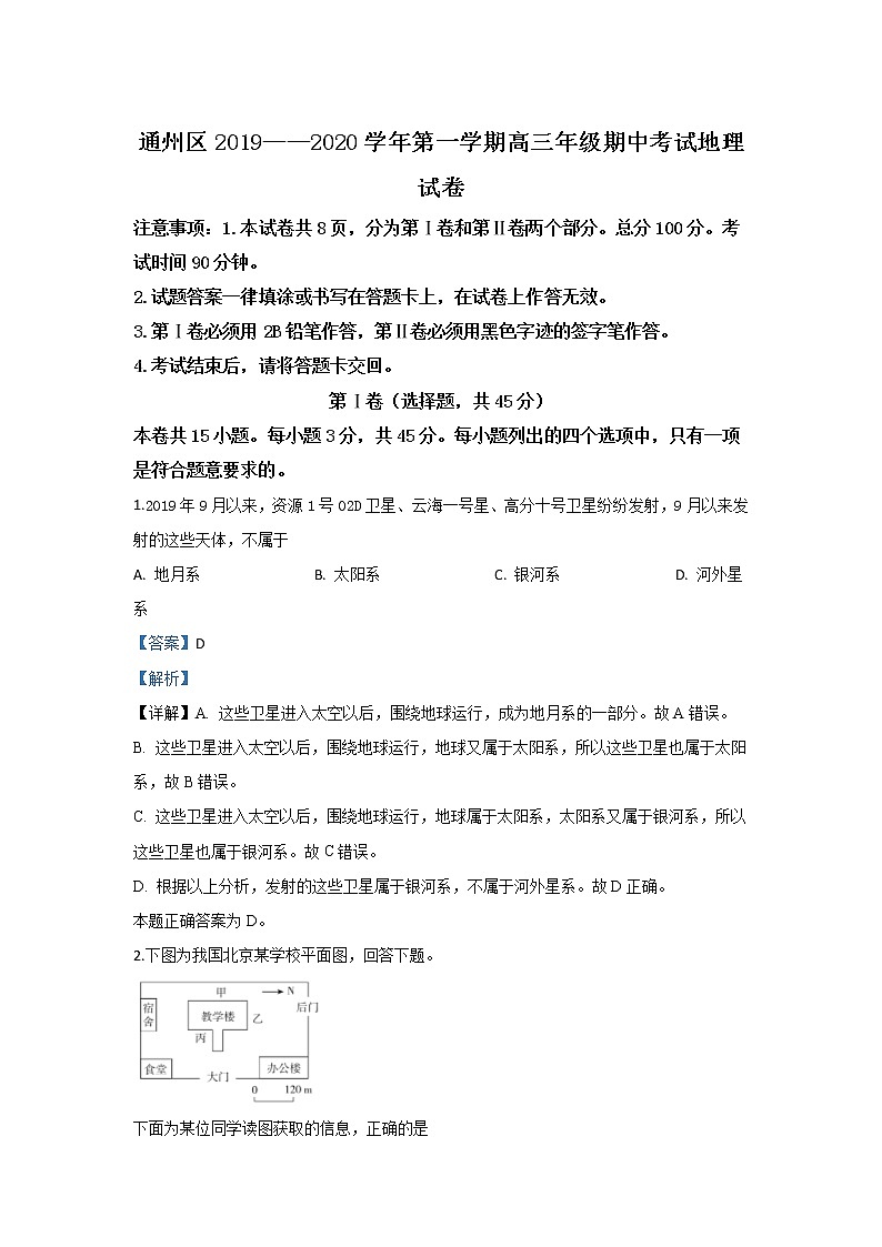 北京市通州区2020届高三上学期期中考试地理试题01