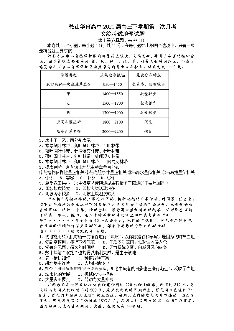 辽宁省鞍山华育高中2020届高三下学期月考文综地理试题01