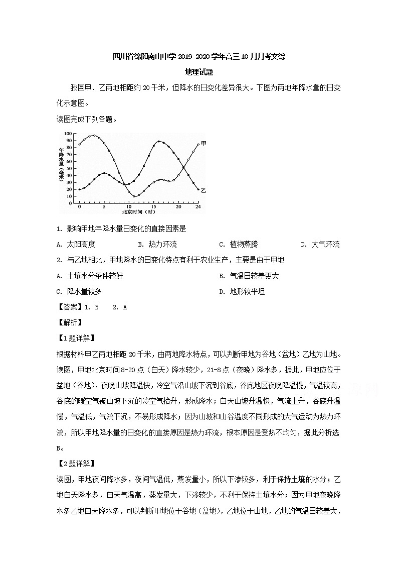 四川省绵阳南山中学2020届高三10月月考文综地理试题01