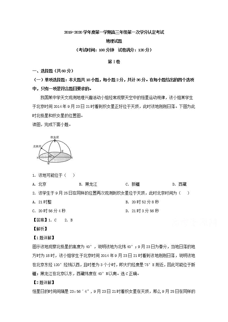 江苏省东海县第二中学2020届高三10月月考地理试题01