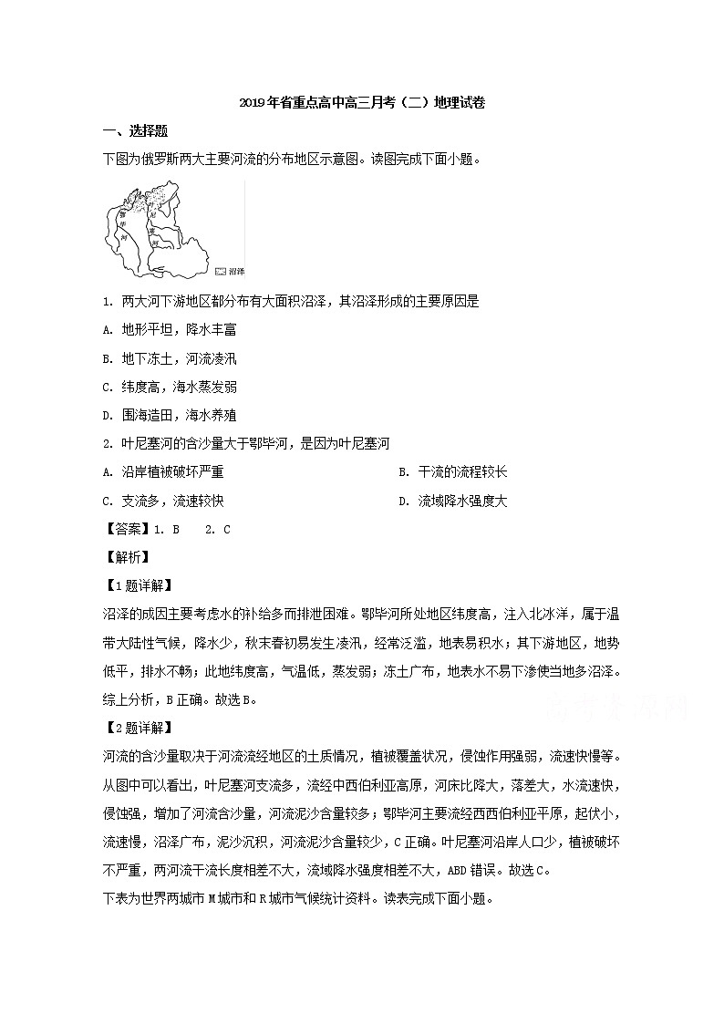 吉林省重点高中2020届高三上学期月考（二）地理试题01