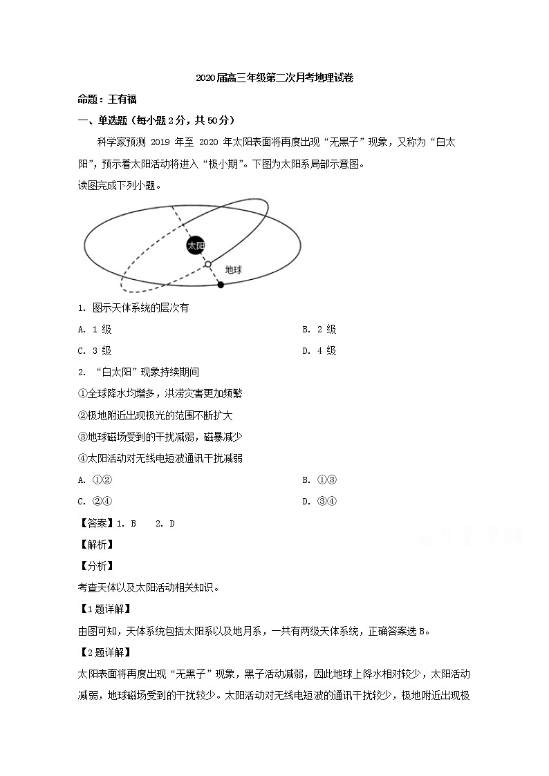 江西省宜春市上高县第二中学2020届高三上学期月考地理试题01