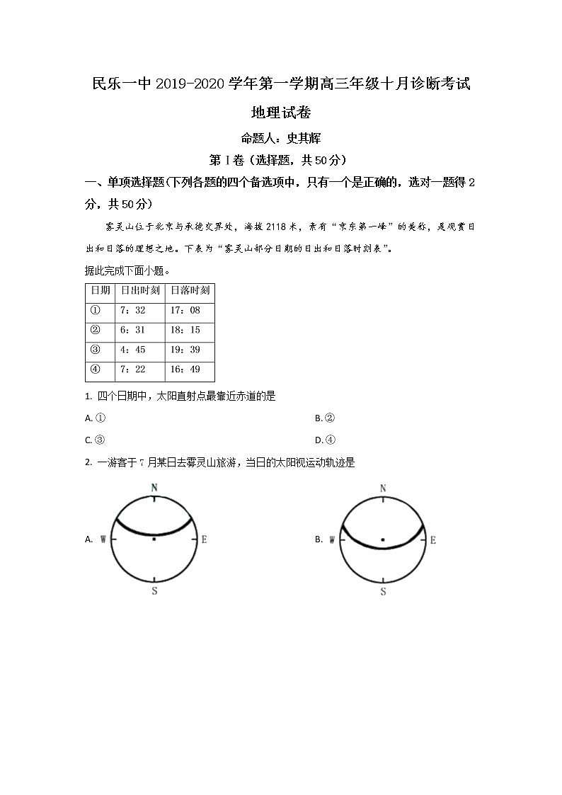 甘肃省张掖市民乐县第一中学2020届高三10月月考地理试题01