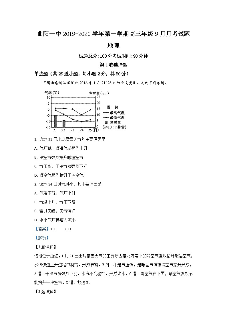 河北省保定市曲阳一中2020届高三9月月考地理试题01