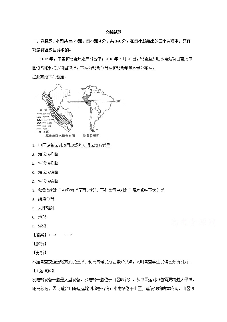 重庆市巴蜀中学2020届高三“一诊”模拟测试卷文综地理试题01