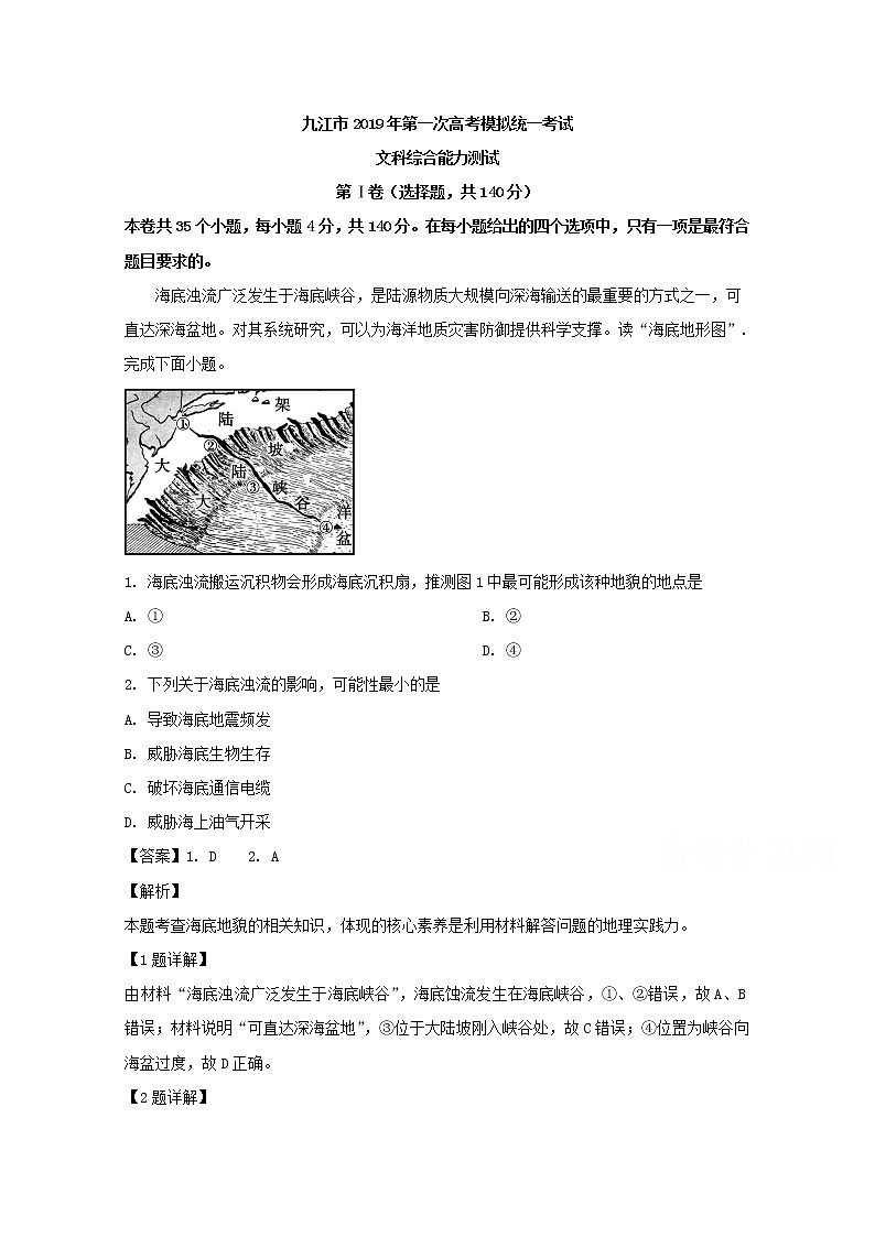 江西省九江市2020届高三第一次模拟考试地理试题第1页