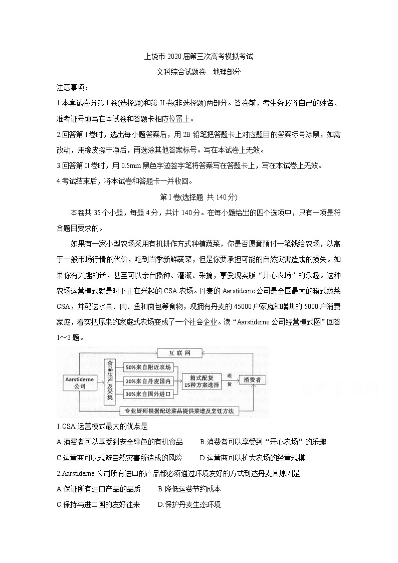 江西省上饶市2020届高三第三次模拟考试 地理01