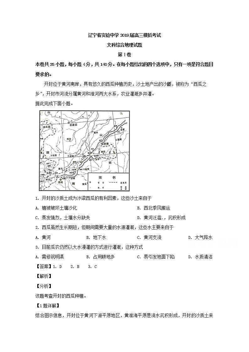 辽宁省实验中学2019届高三模拟考试文科综合地理试题01